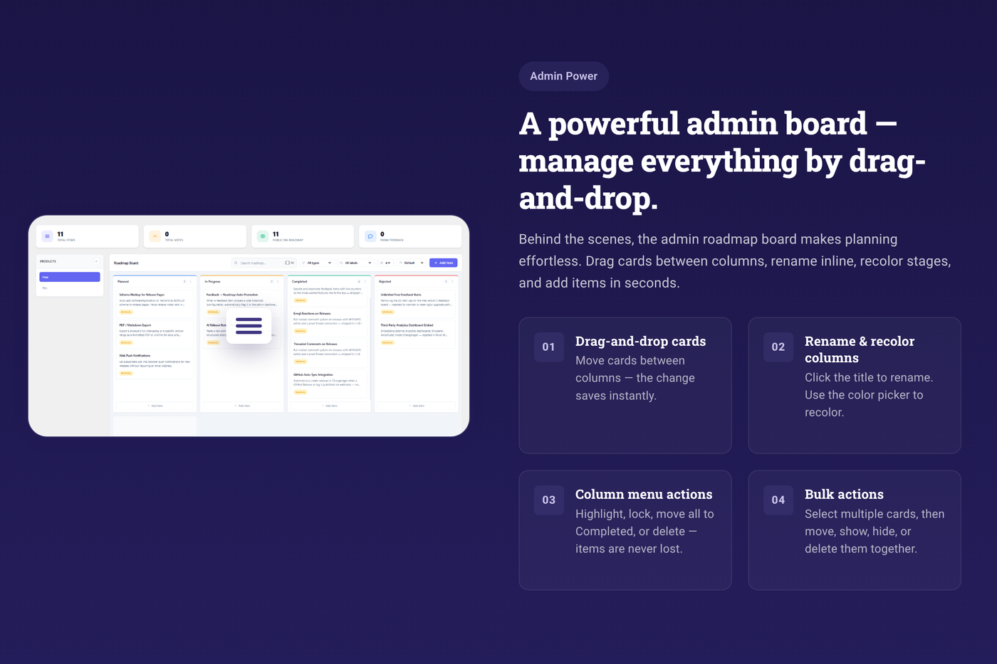 WordPress roadmap plugin admin board with drag-and-drop cards, inline column renaming and bulk actions in Changeloger